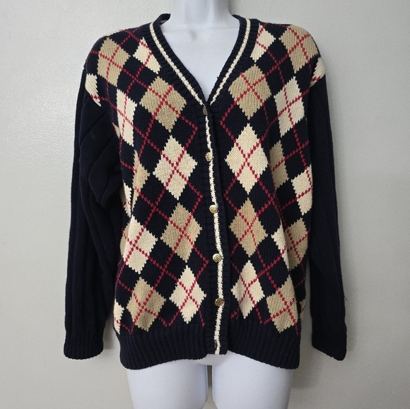 Izod Sweaters - Vintage Izod Women’s M Diamond Argyle Knit Cardigan Preppy Academia Clueless